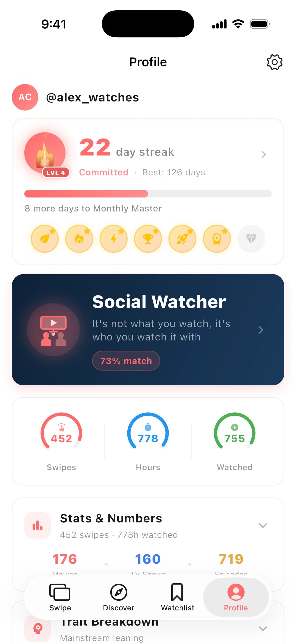 Streaming personality, streak progress, and viewing stats