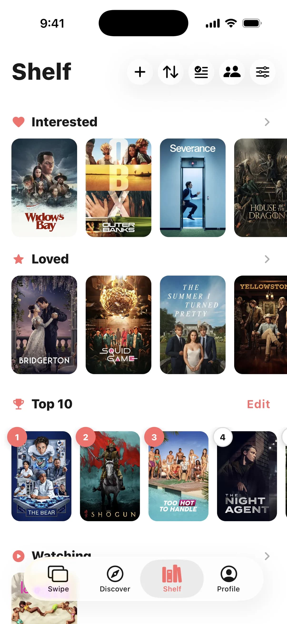 Shelf tab with Interested, Loved and Top 10 rows of posters